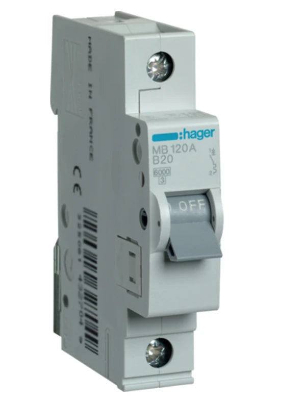 Автоматичний вимикач Hager MB120A (1п, B, 20A, 6кА, 1м)