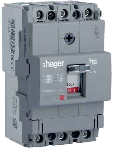 Автоматичний вимикач Hager HDA100L (3Р, 100 А, 18 кА) Тфікс./Мфікс.x160 Gray