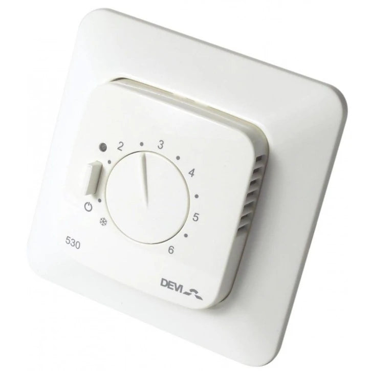Терморегулятор DEVIreg 530, (+5+45С), механічний, датчик на дроті 3м, 85 х 85мм, макс, 15A, білий, 140F1030 Devi 14333