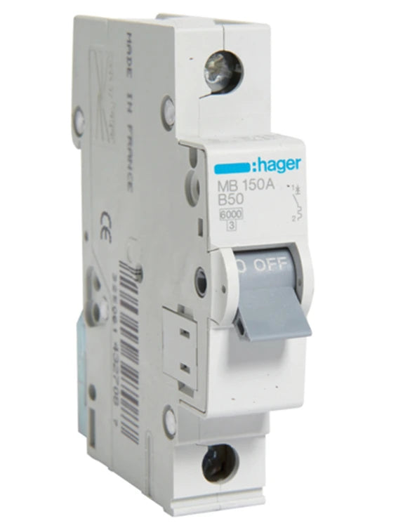 Автоматичний вимикач Hager MB150A (1п, B, 50A, 6кА, 1м)